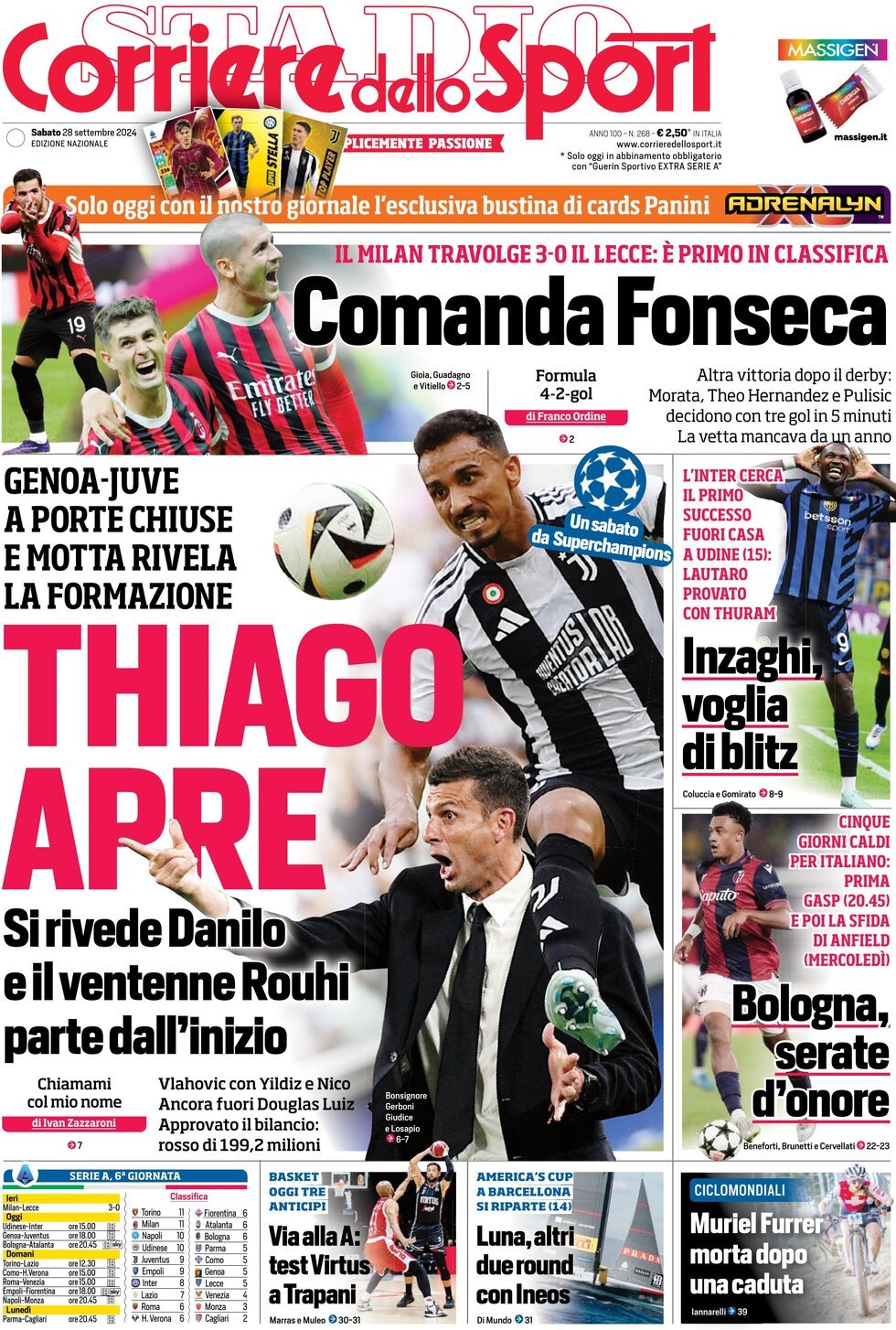 Corriere dello Sport prima pagina 
            Edizione di Oggi, Sabato 28 Settembre 2024