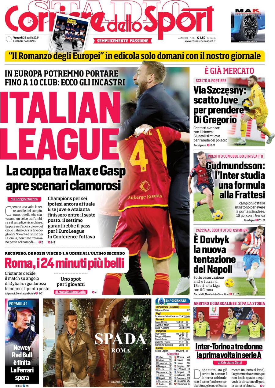 Corriere dello Sport prima pagina 
            Edizione di Oggi, Venerdì 26 Aprile 2024