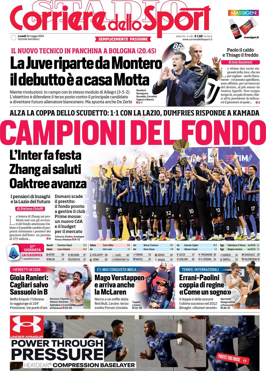 Corriere dello Sport prima pagina 
            Edizione di Oggi, Lunedì 20 Maggio 2024