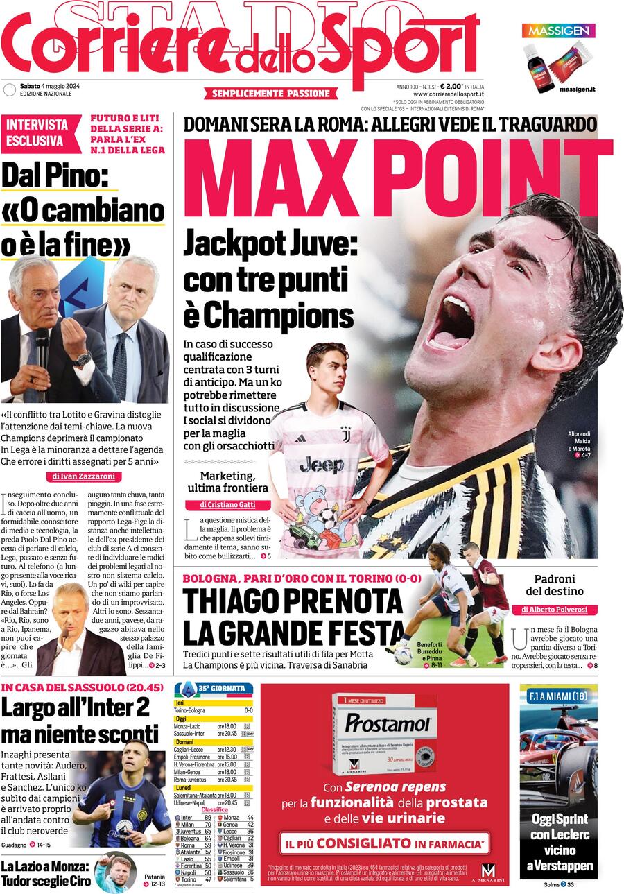 Corriere dello Sport prima pagina 
            Edizione di Oggi, Sabato 04 Maggio 2024