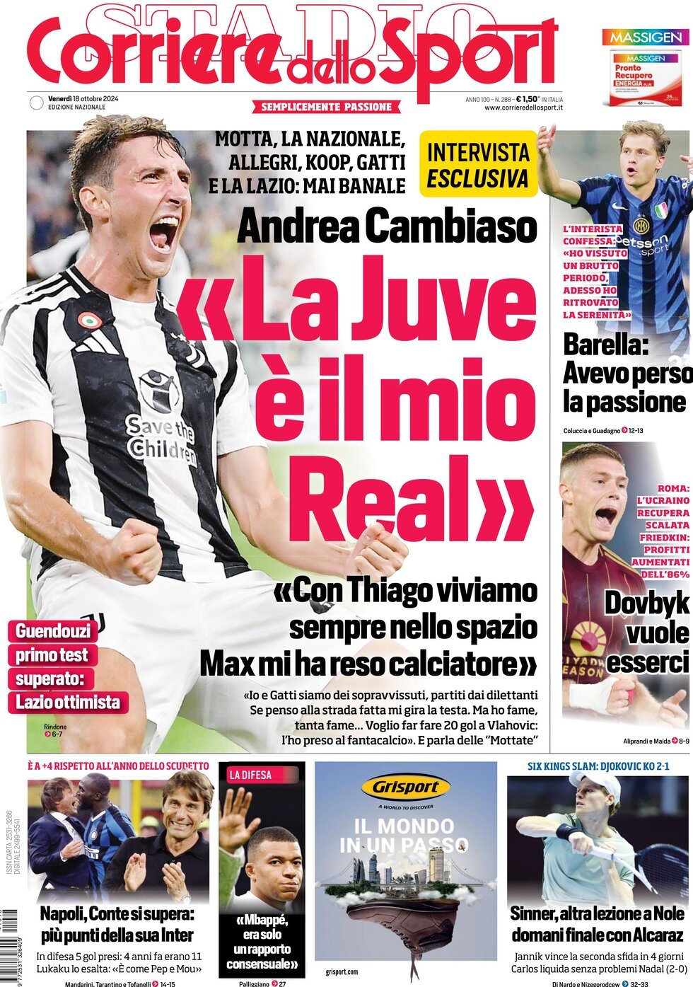 Corriere dello Sport prima pagina 
            Edizione di Oggi, Venerdì 18 Ottobre 2024