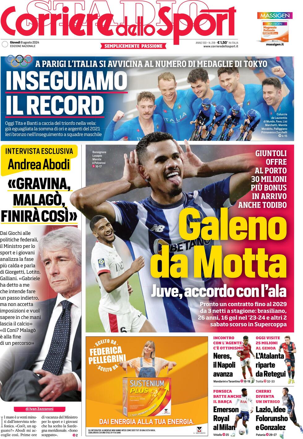 Corriere dello Sport Prima Pagina: Edizione di Oggi, Giovedì 08 Agosto 2024