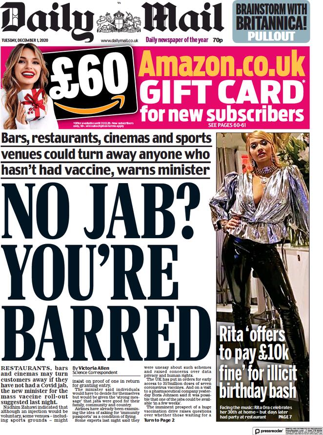 Daily Mail (UK), prima pagina