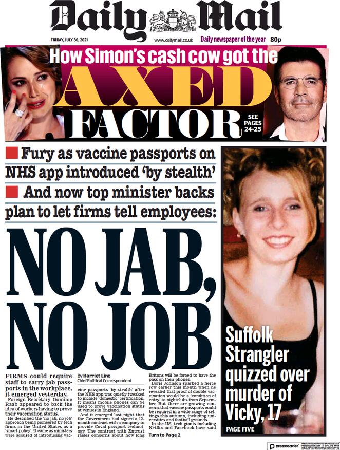 Daily Mail (UK), prima pagina