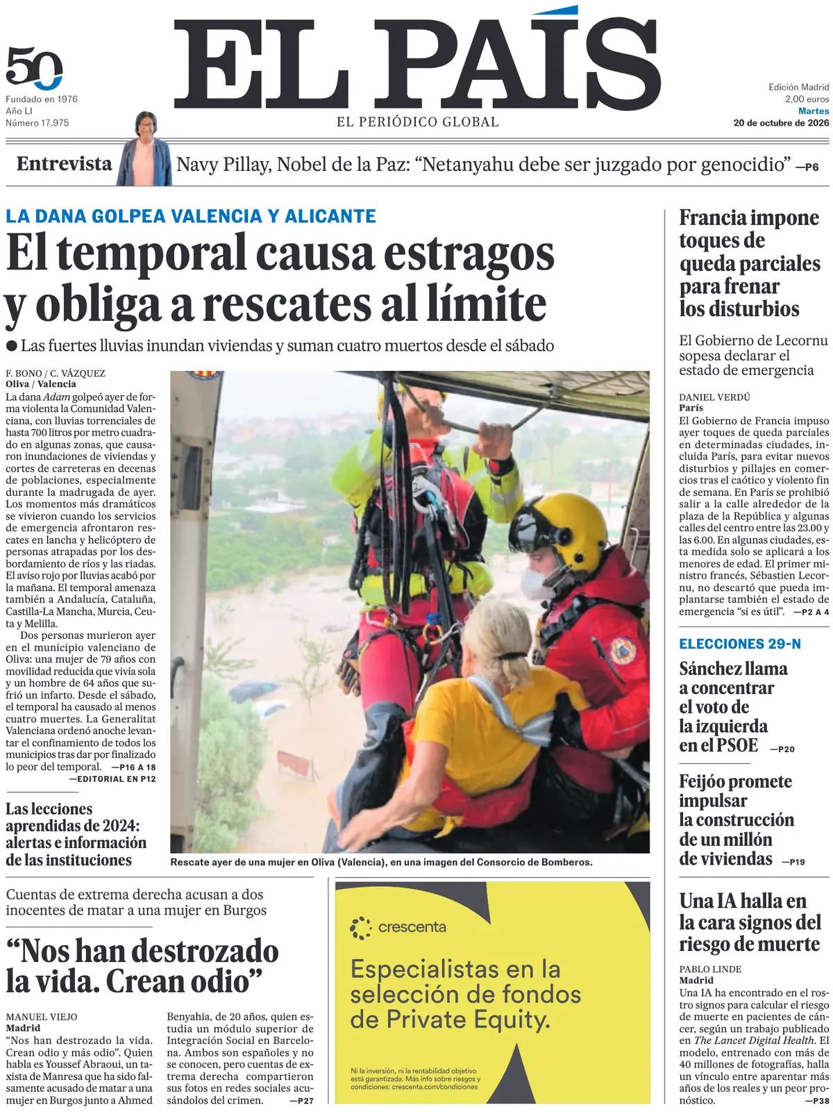 Prima pagina El País del 20/10/2026