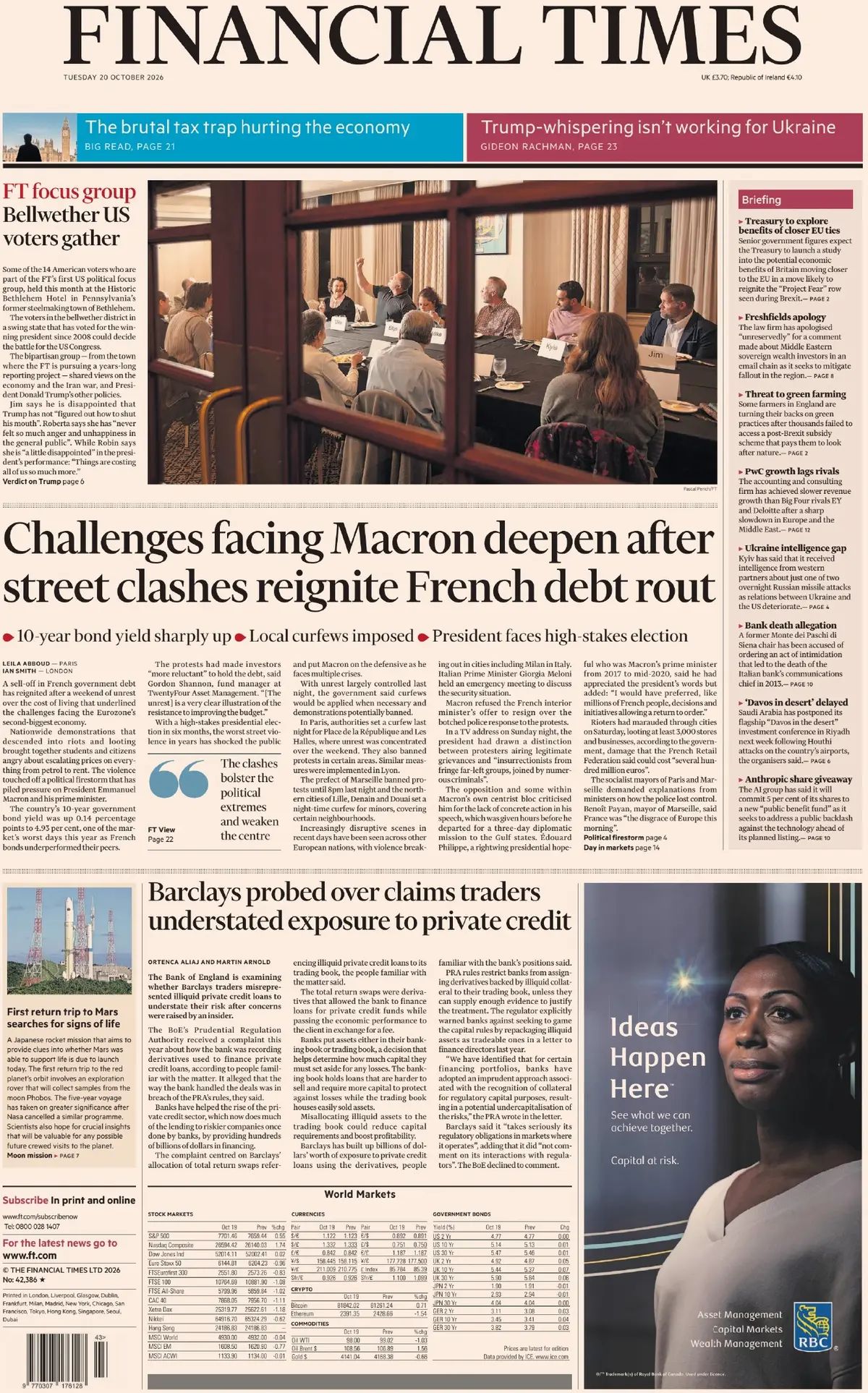 Prima pagina Financial Times del 20/10/2026