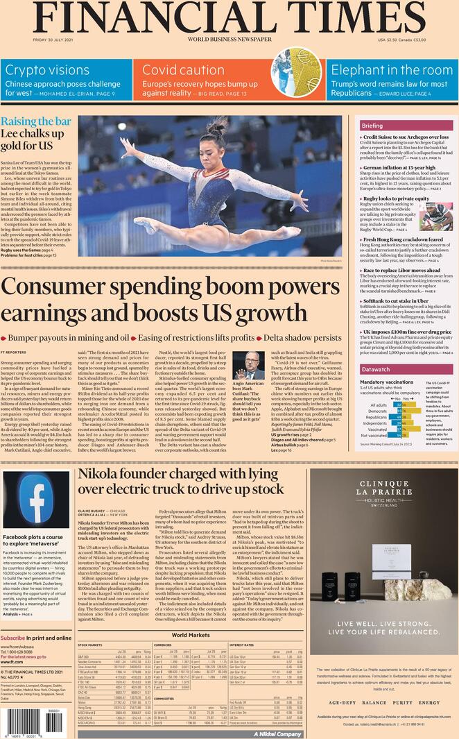 Financial Times (UK), prima pagina