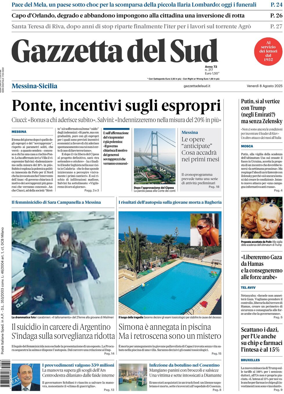 Gazzetta Del Sud, prima pagina