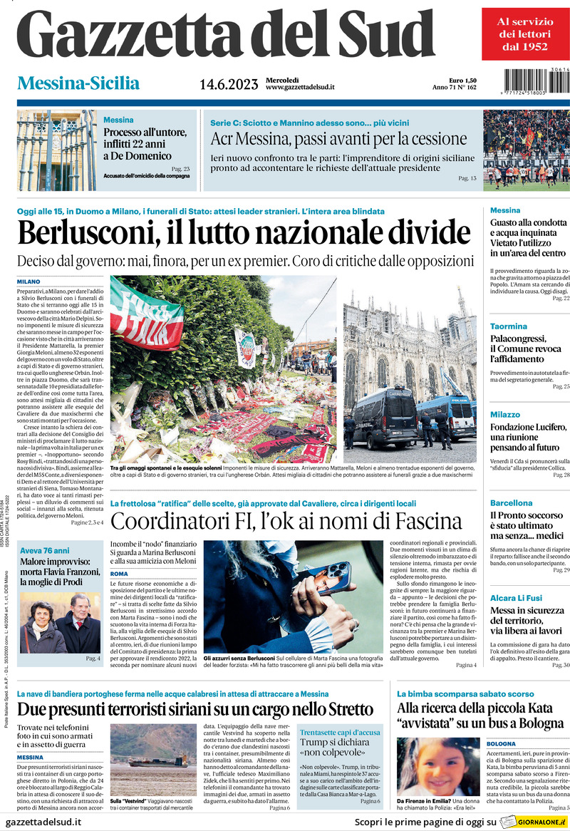 Gazzetta Del Sud, prima pagina