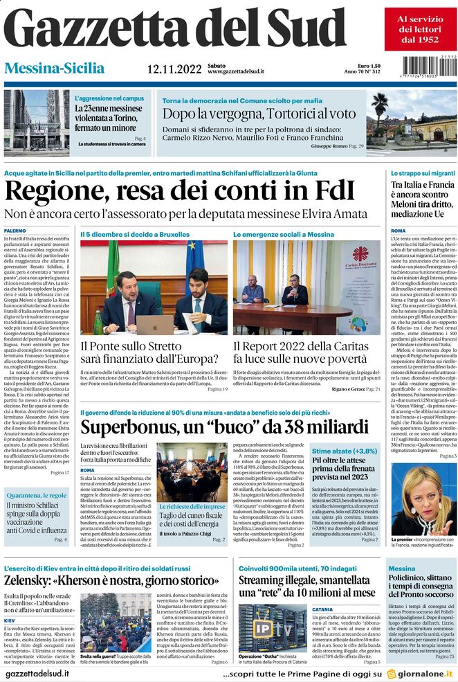 Gazzetta Del Sud, prima pagina