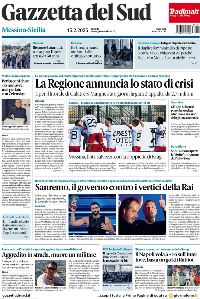 Gazzetta Del Sud, prima pagina