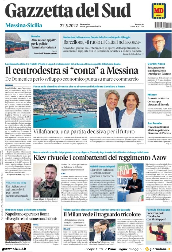 Gazzetta Del Sud, prima pagina