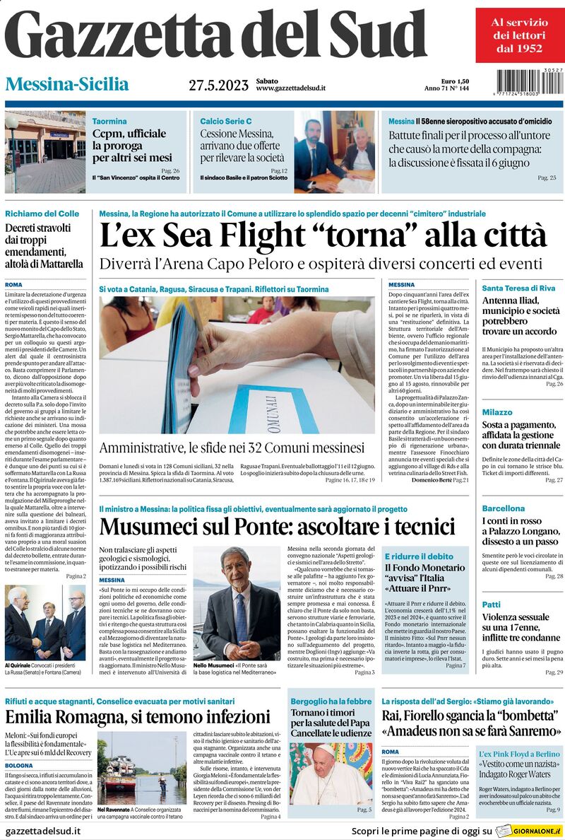 Gazzetta Del Sud, prima pagina