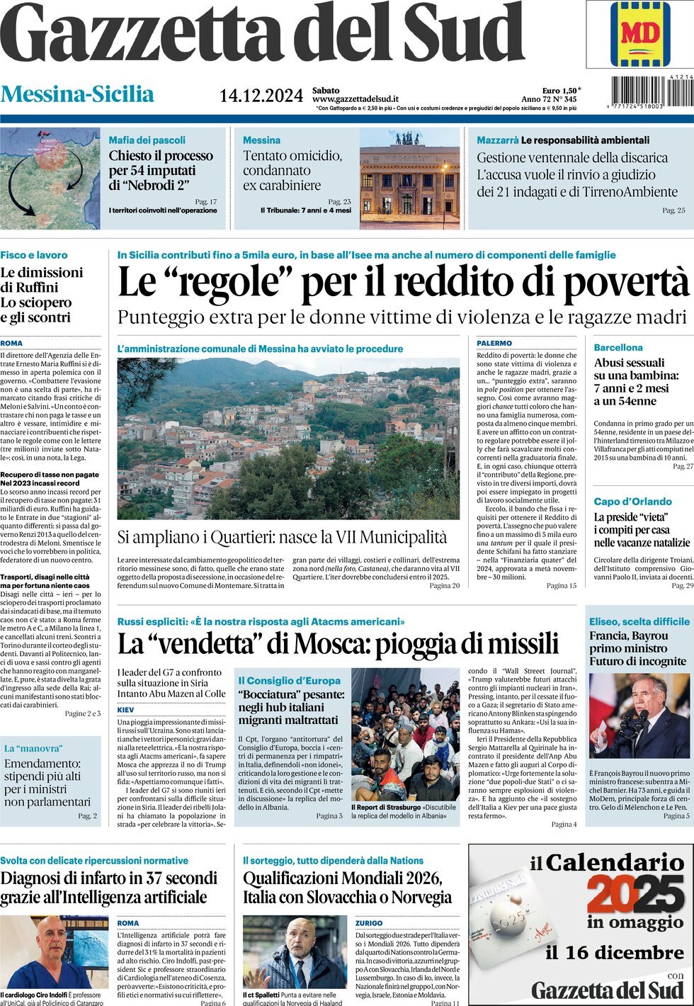 Gazzetta Del Sud, prima pagina