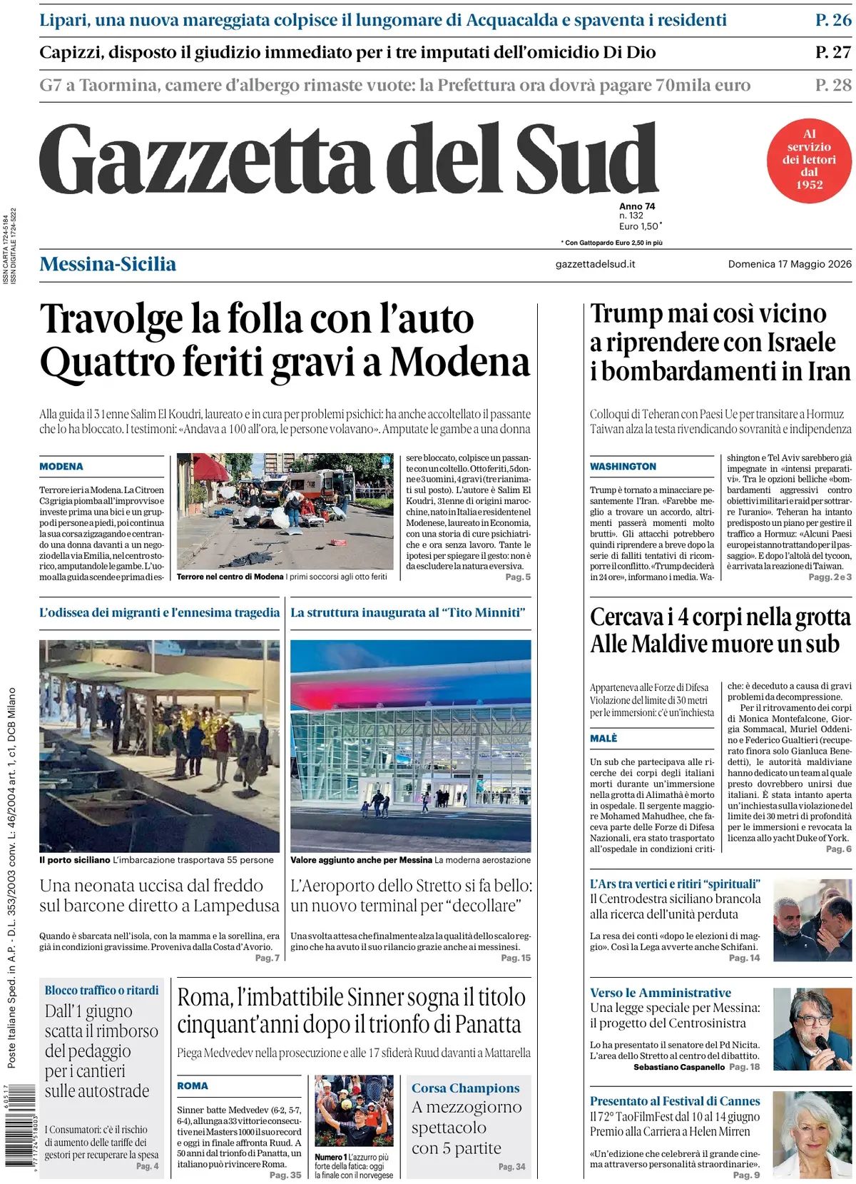 Gazzetta Del Sud, prima pagina