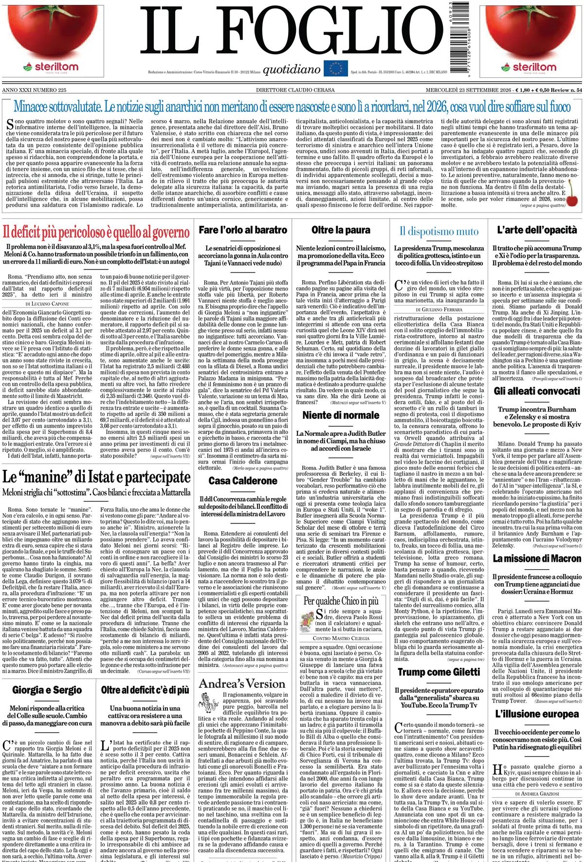 Il Foglio, prima pagina