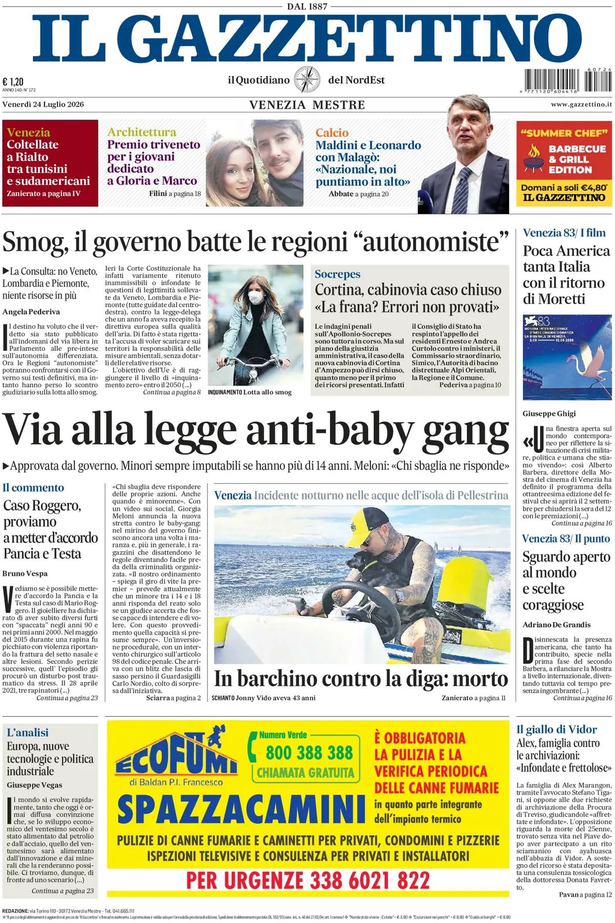 Il Gazzettino, prima pagina