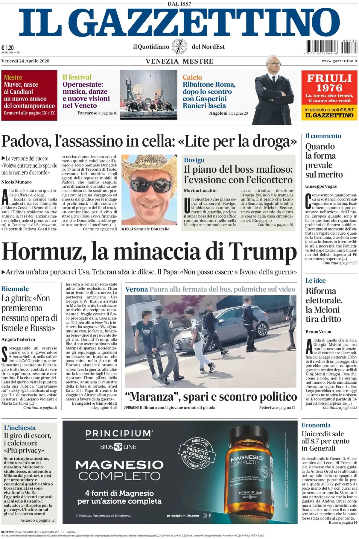 Il Gazzettino, prima pagina