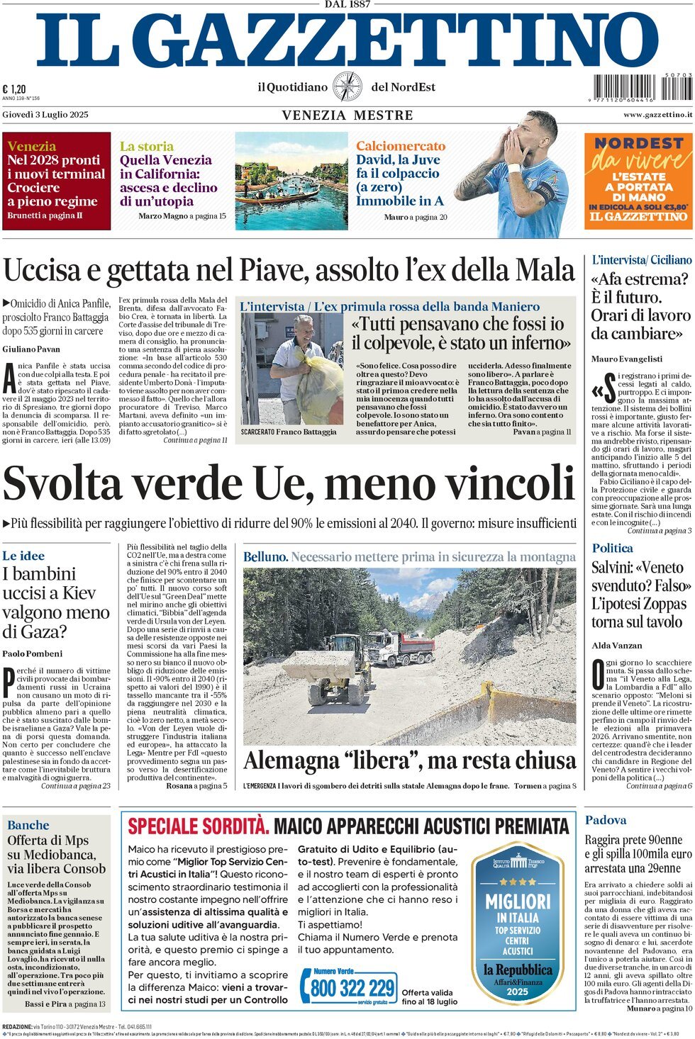 Il Gazzettino, prima pagina