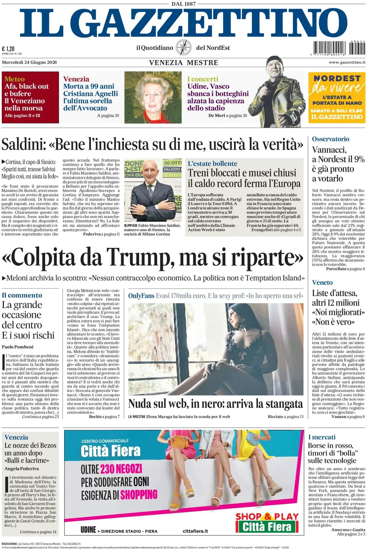 Il Gazzettino, prima pagina