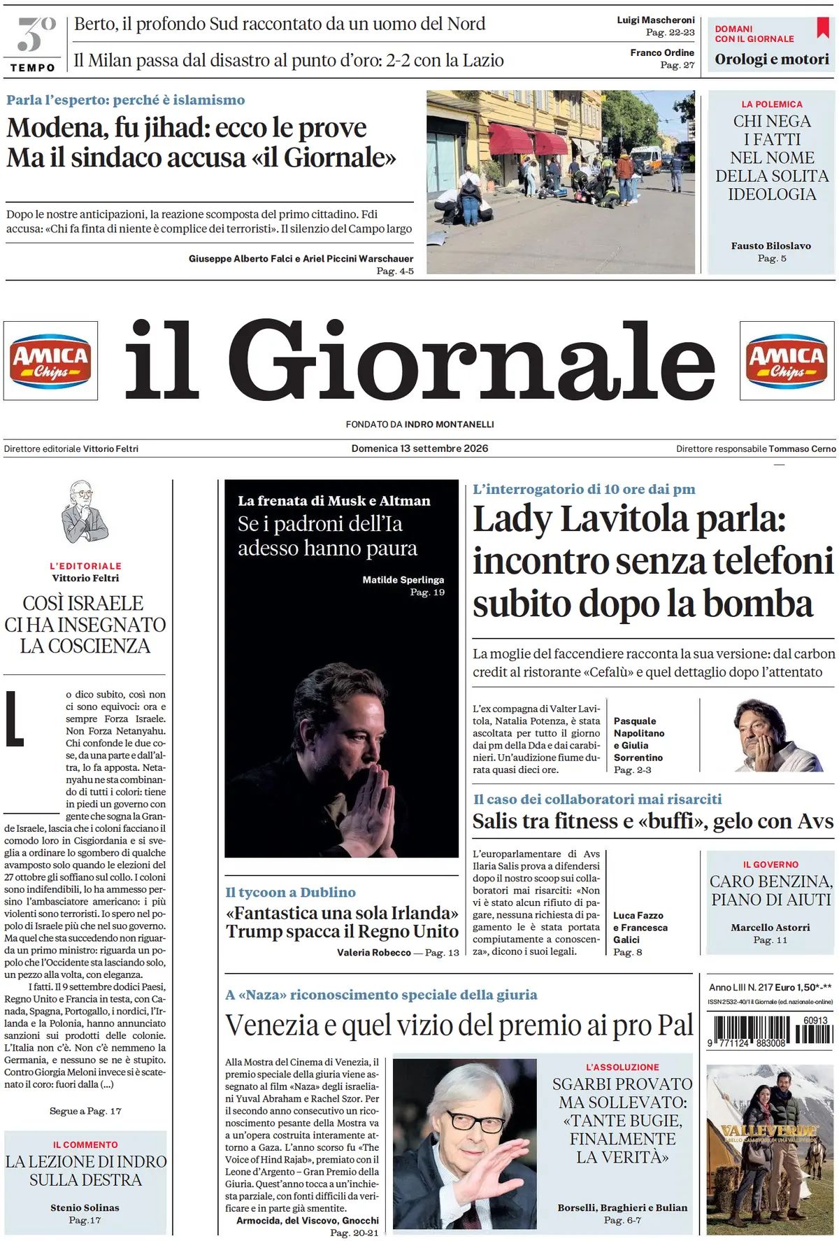 Il Giornale, prima pagina