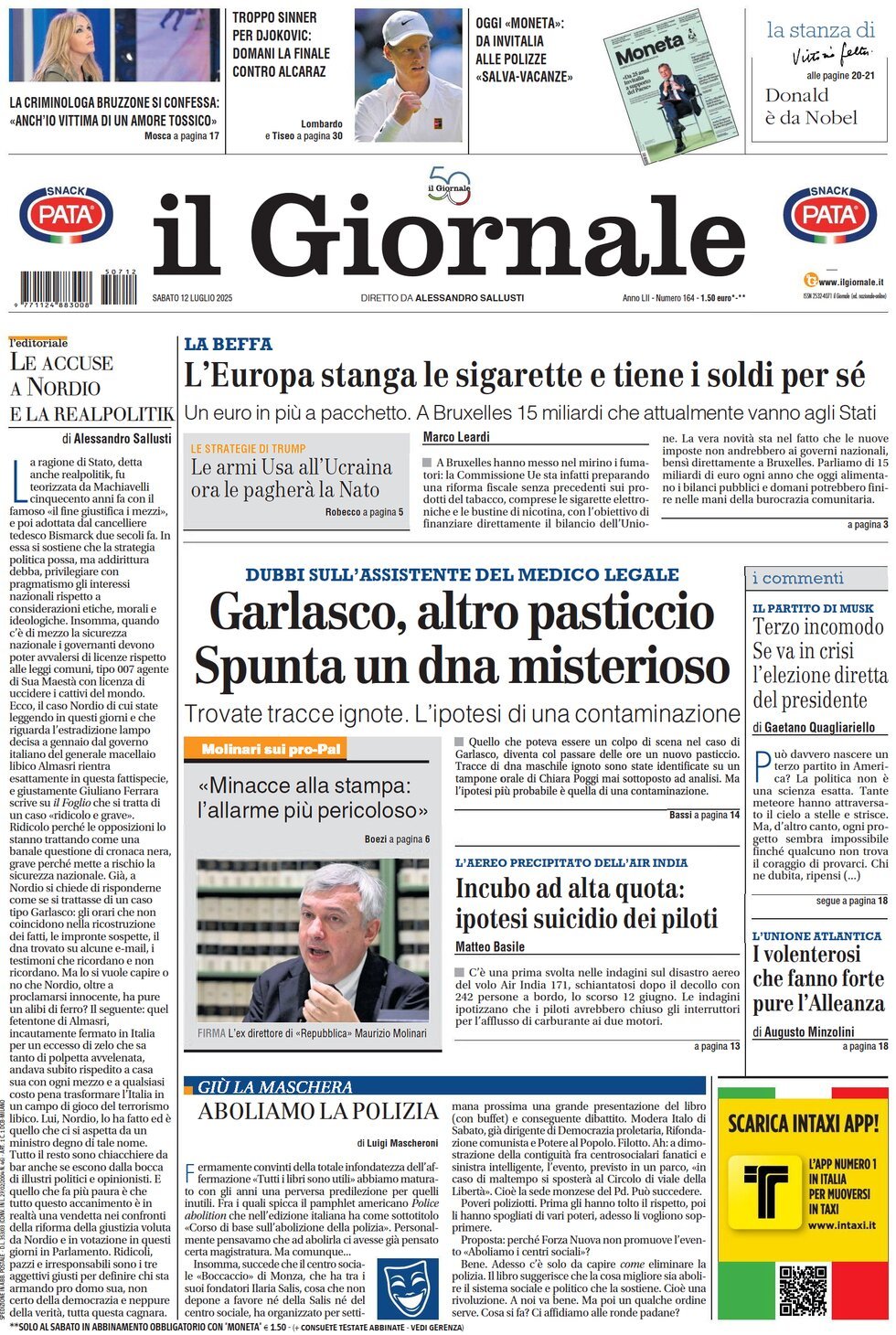 Il Giornale, prima pagina