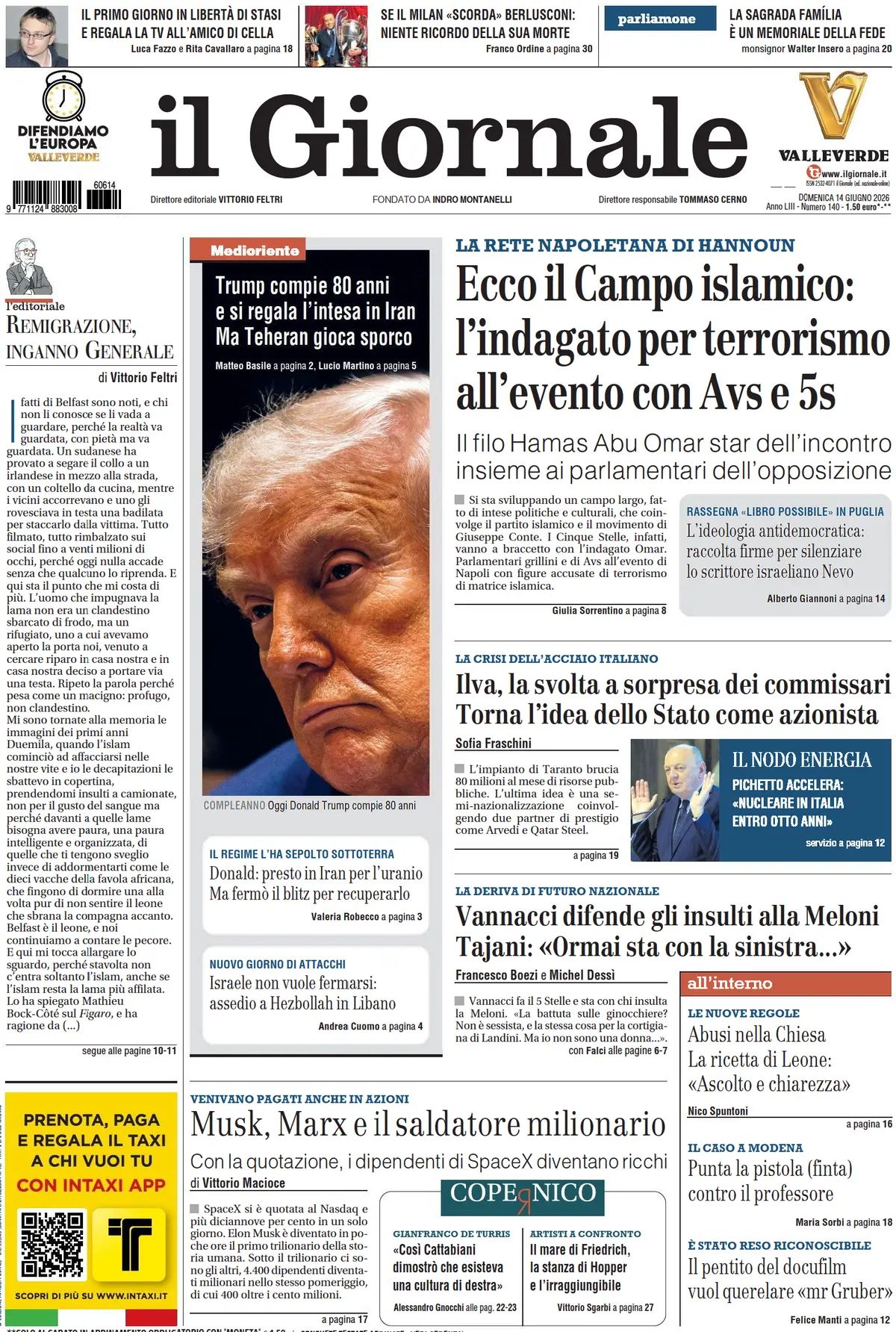 Il Giornale, prima pagina