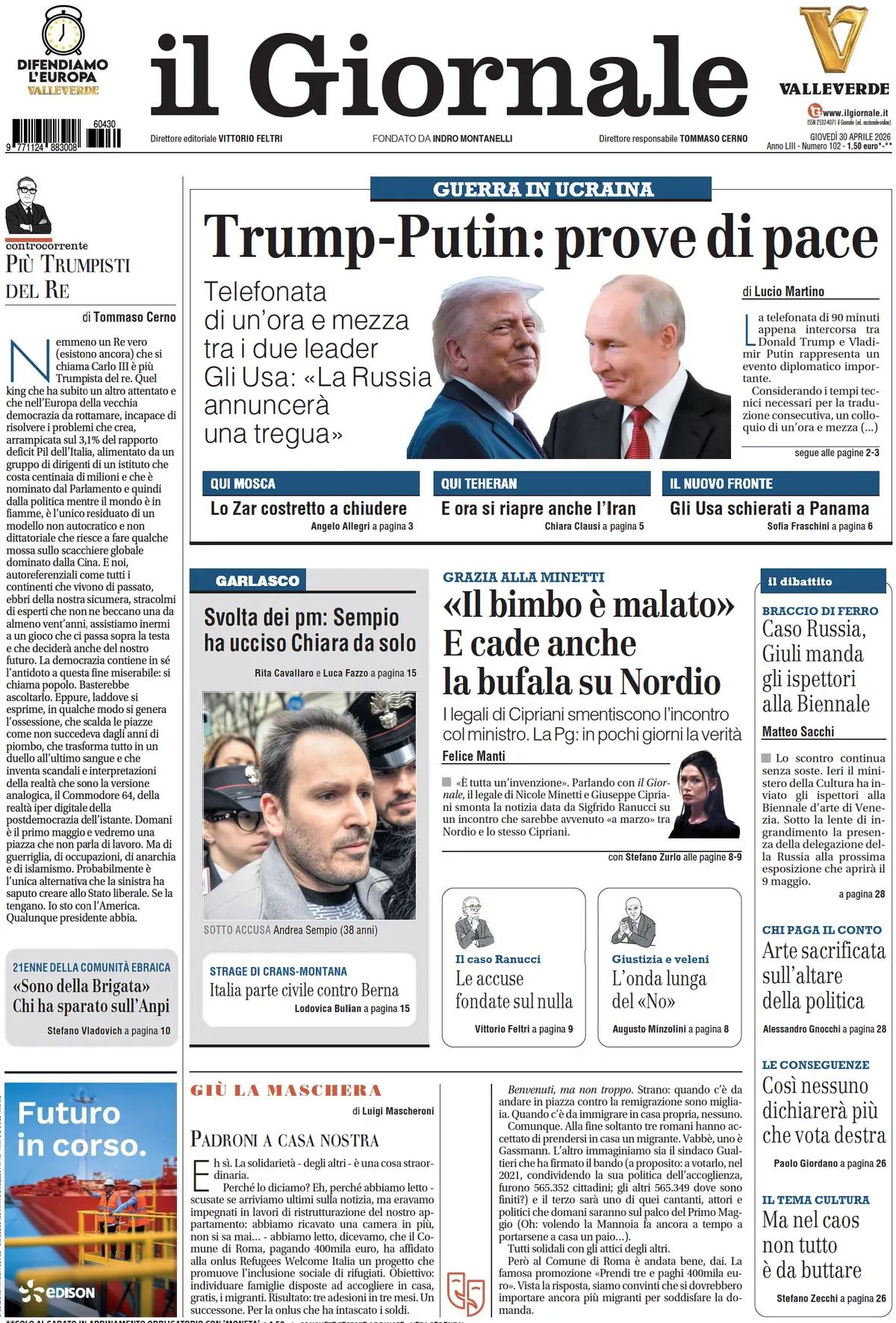 Il Giornale, prima pagina