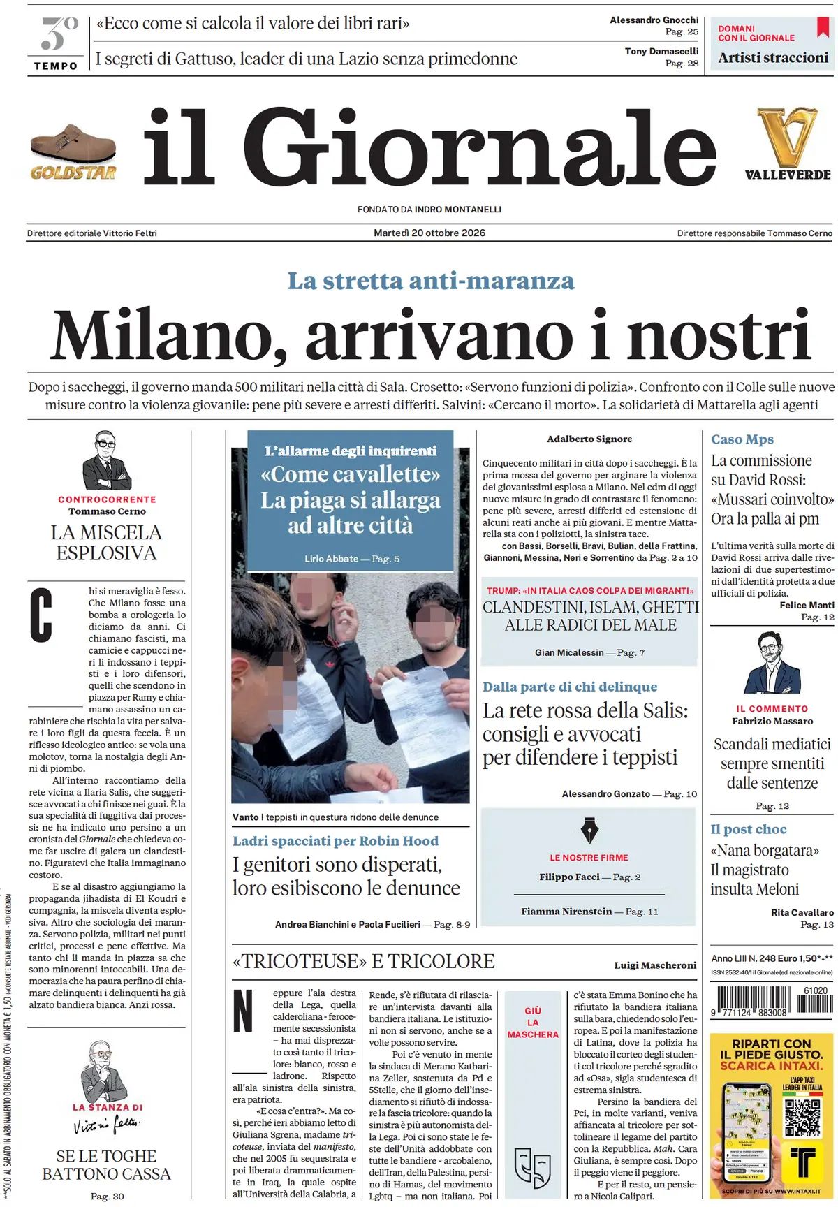 Prima pagina Il Giornale del 20/10/2026