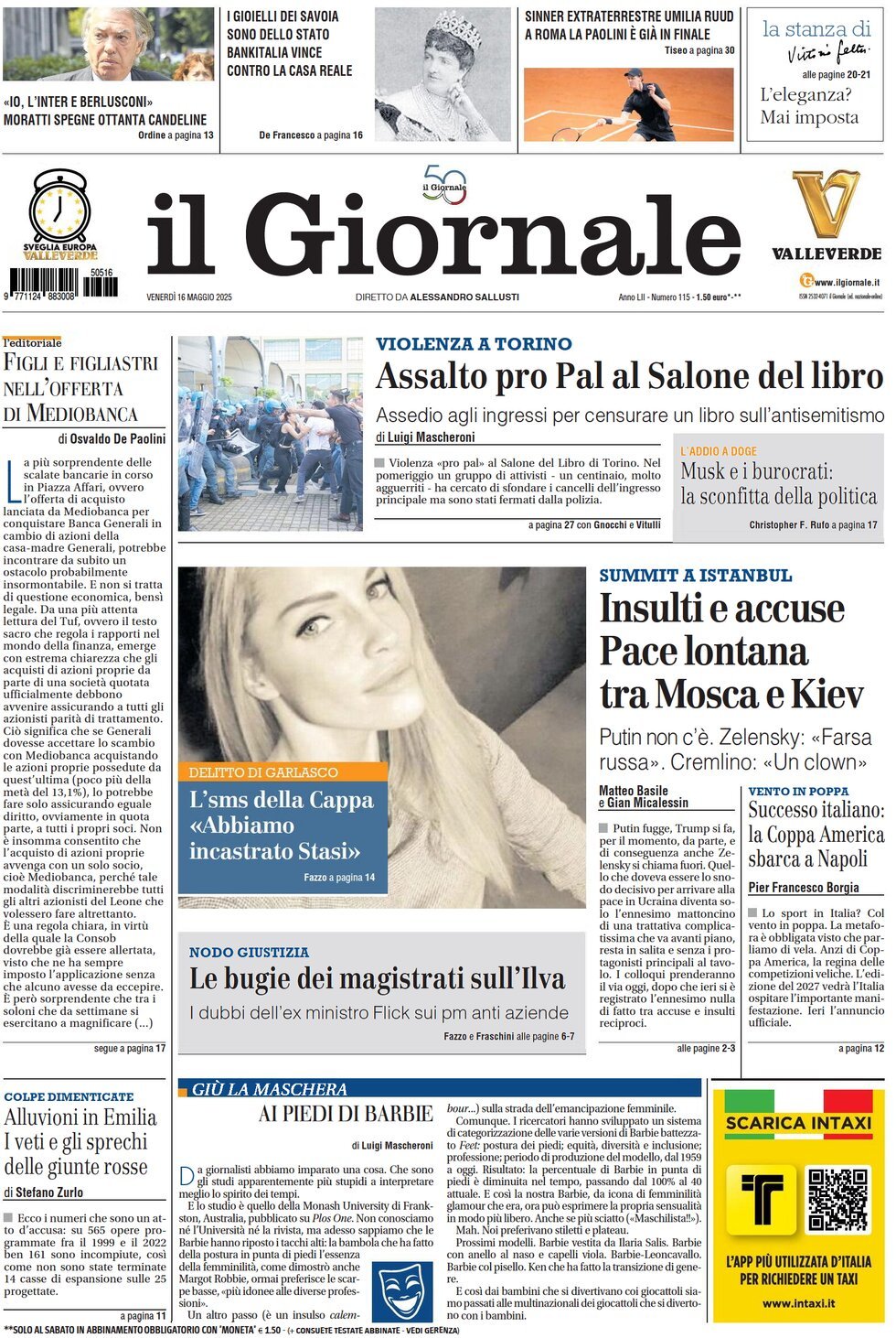 Il Giornale, prima pagina