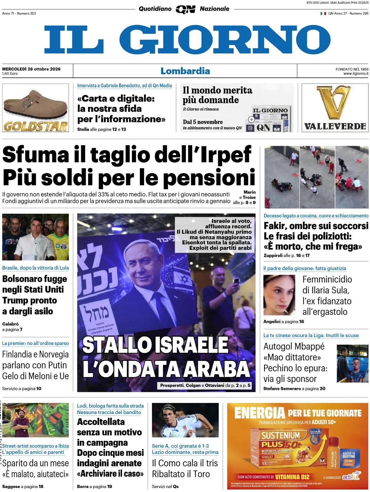 Il Giorno, prima pagina
