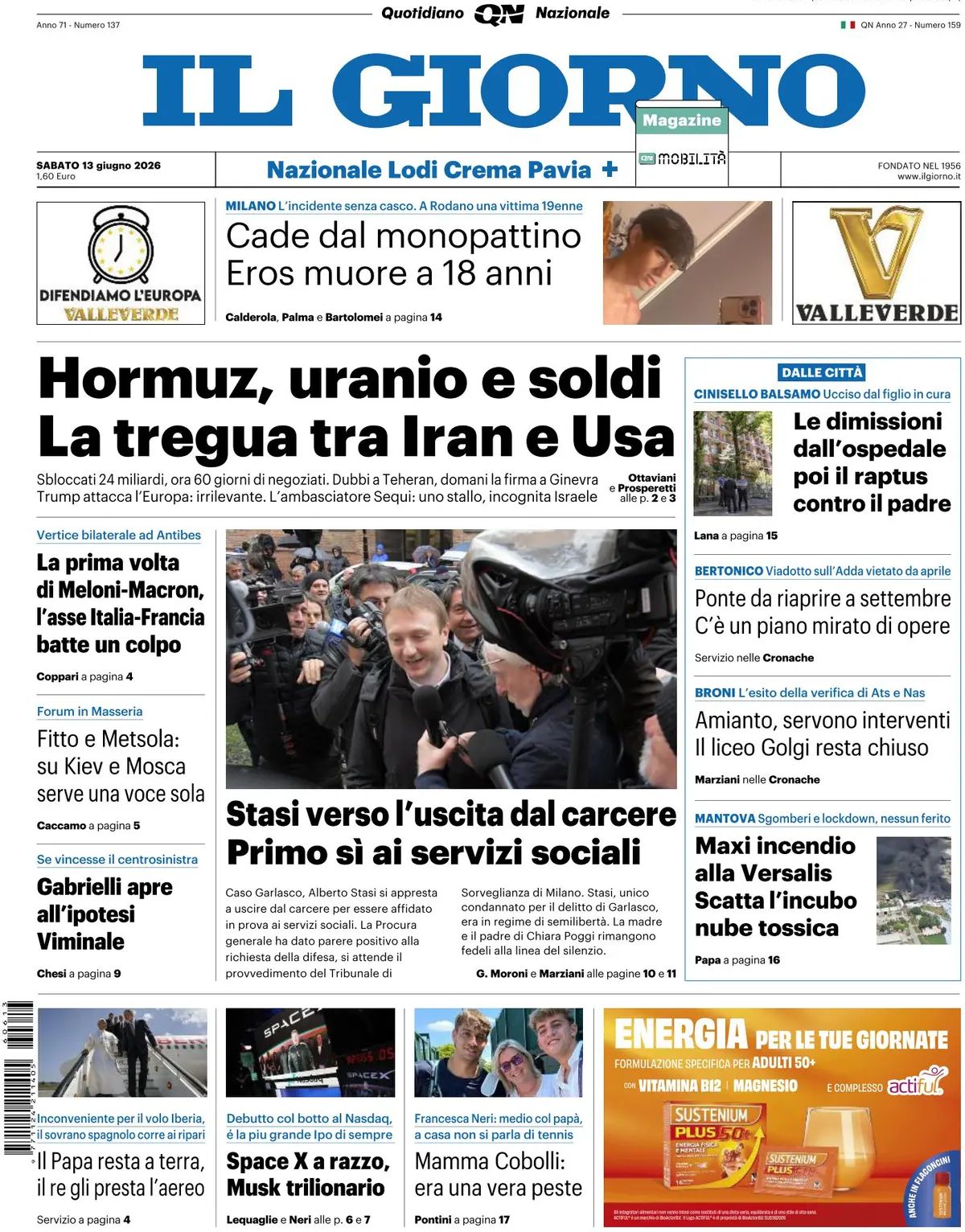 Il Giorno, prima pagina