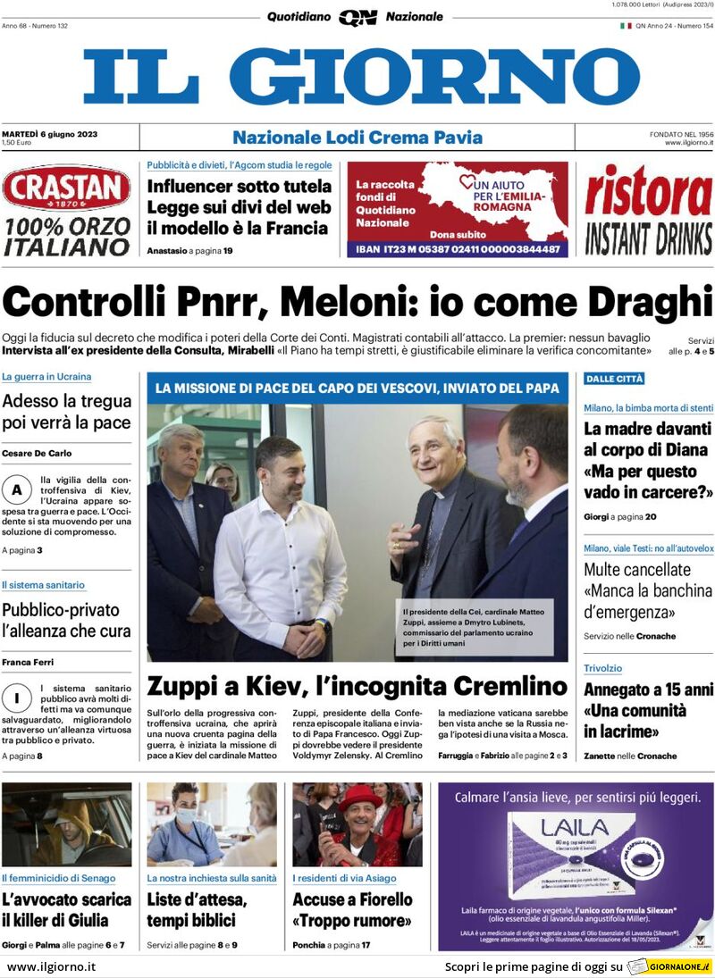 Il Giorno, prima pagina