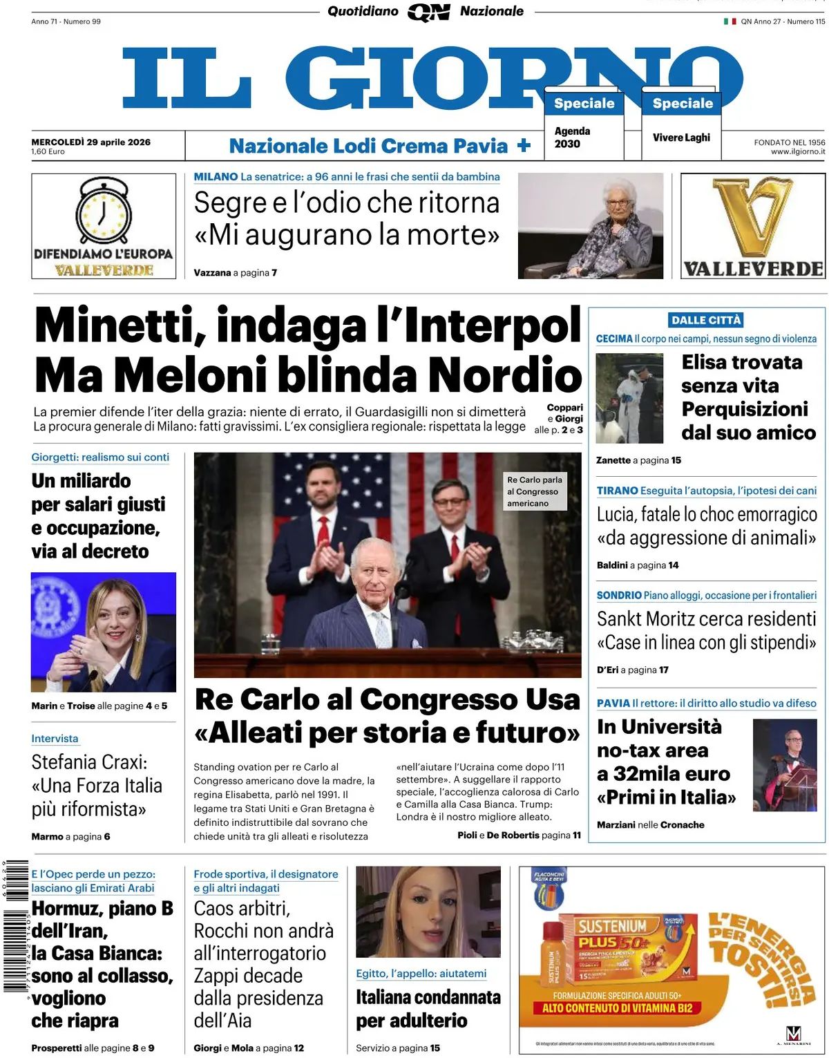 Il Giorno, prima pagina