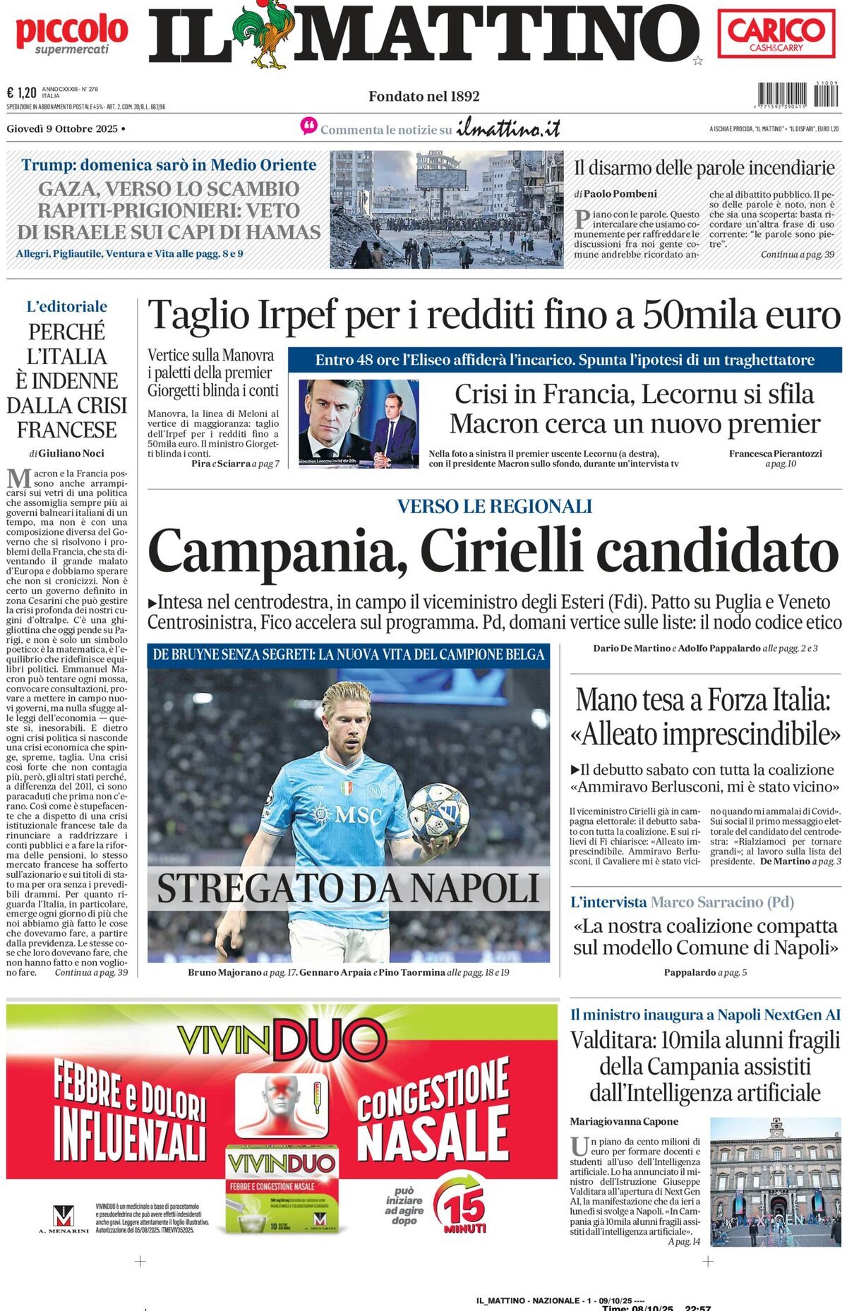 Il Mattino prima pagina di oggi 
            Edizione di Ieri, Mercoledì 08 Ottobre 2025
