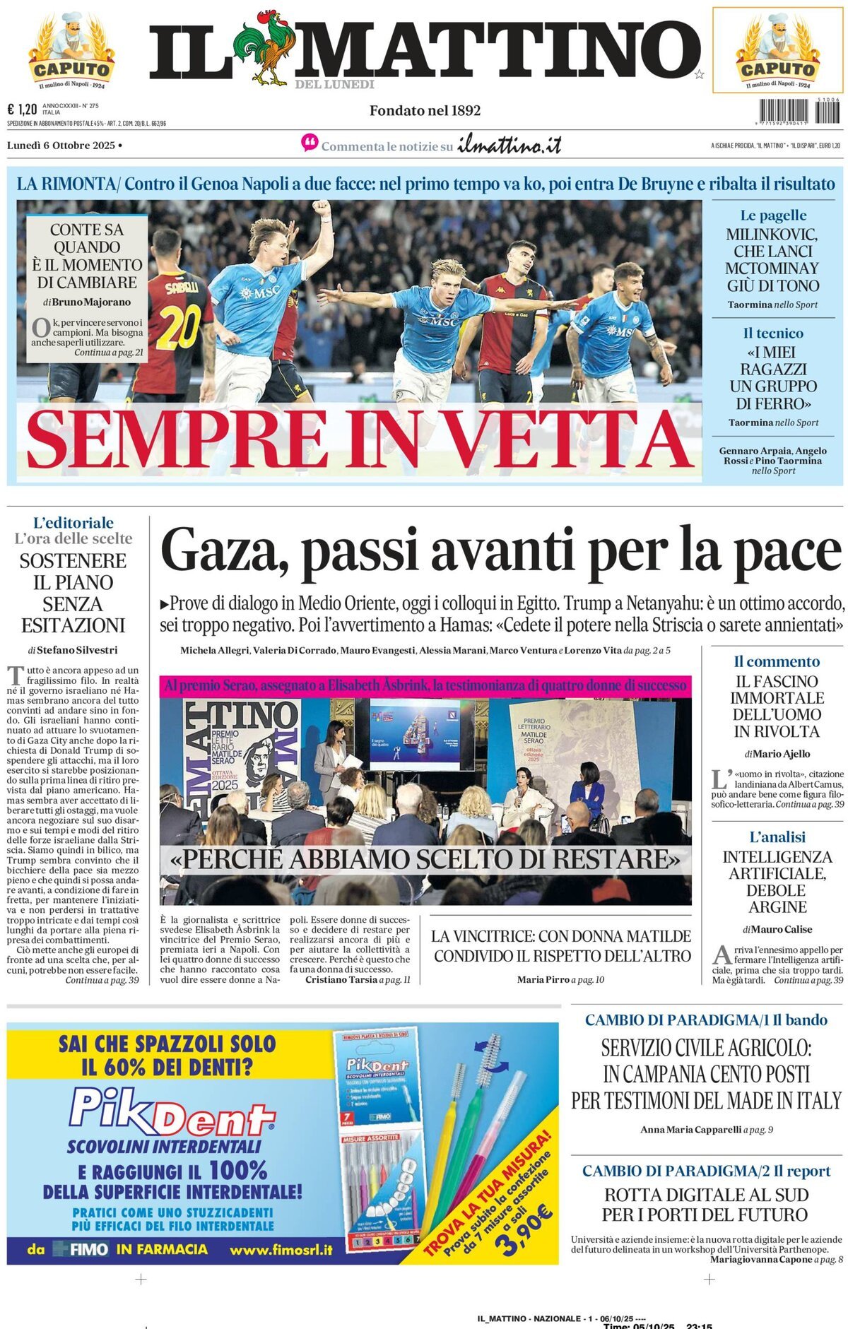 Il Mattino prima pagina di oggi 
            Edizione di Oggi, Lunedì 06 Ottobre 2025