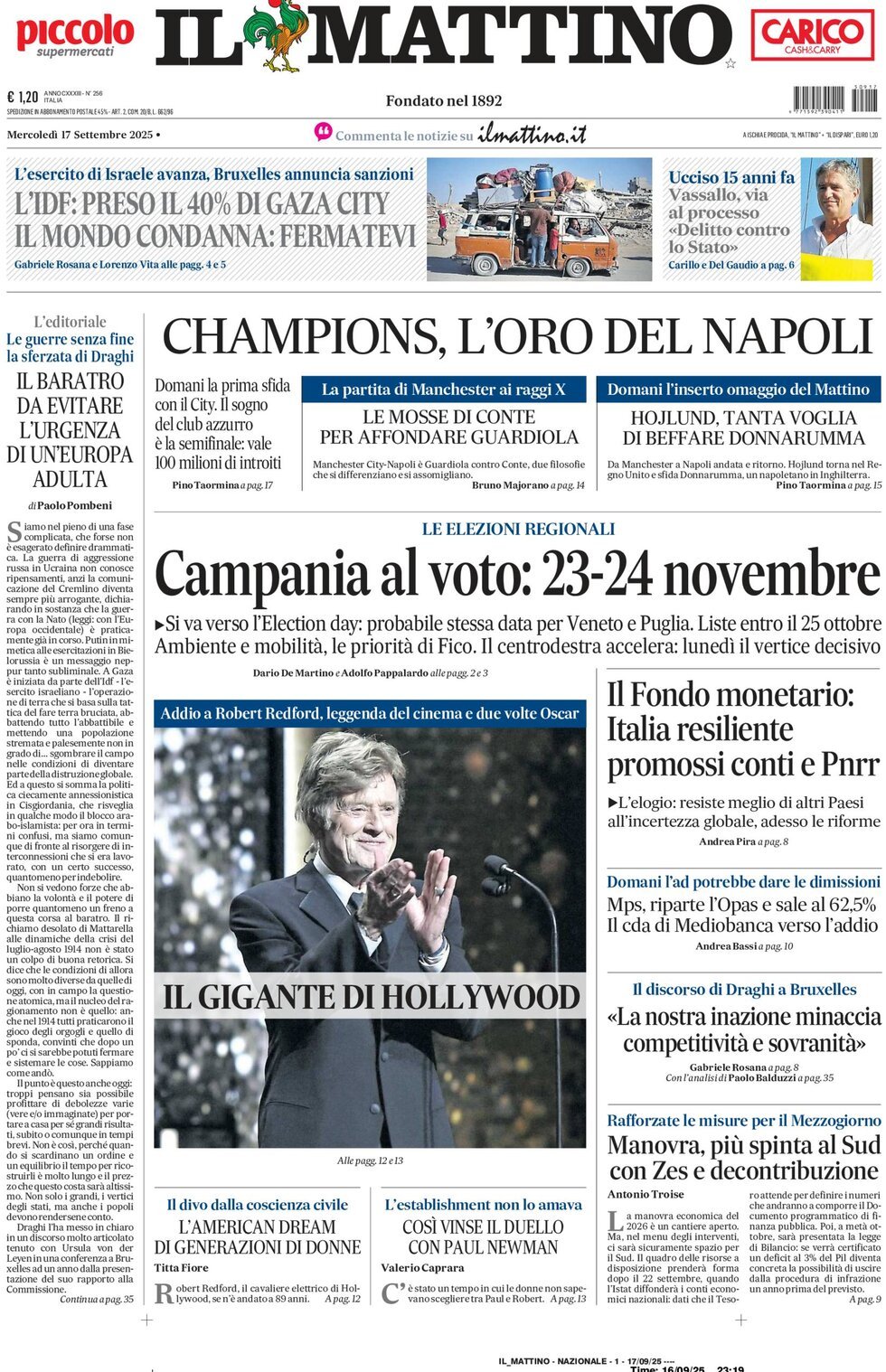 Il Mattino prima pagina di oggi 
            Edizione di Oggi, Mercoledì 17 Settembre 2025