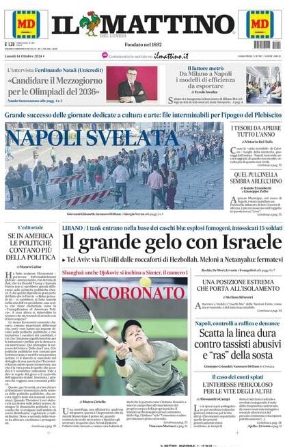 Il Mattino prima pagina di oggi 
            Edizione di Oggi, Lunedì 14 Ottobre 2024