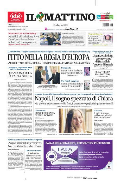 Il Mattino prima pagina di oggi 
            Edizione di Oggi, Mercoledì 18 Settembre 2024