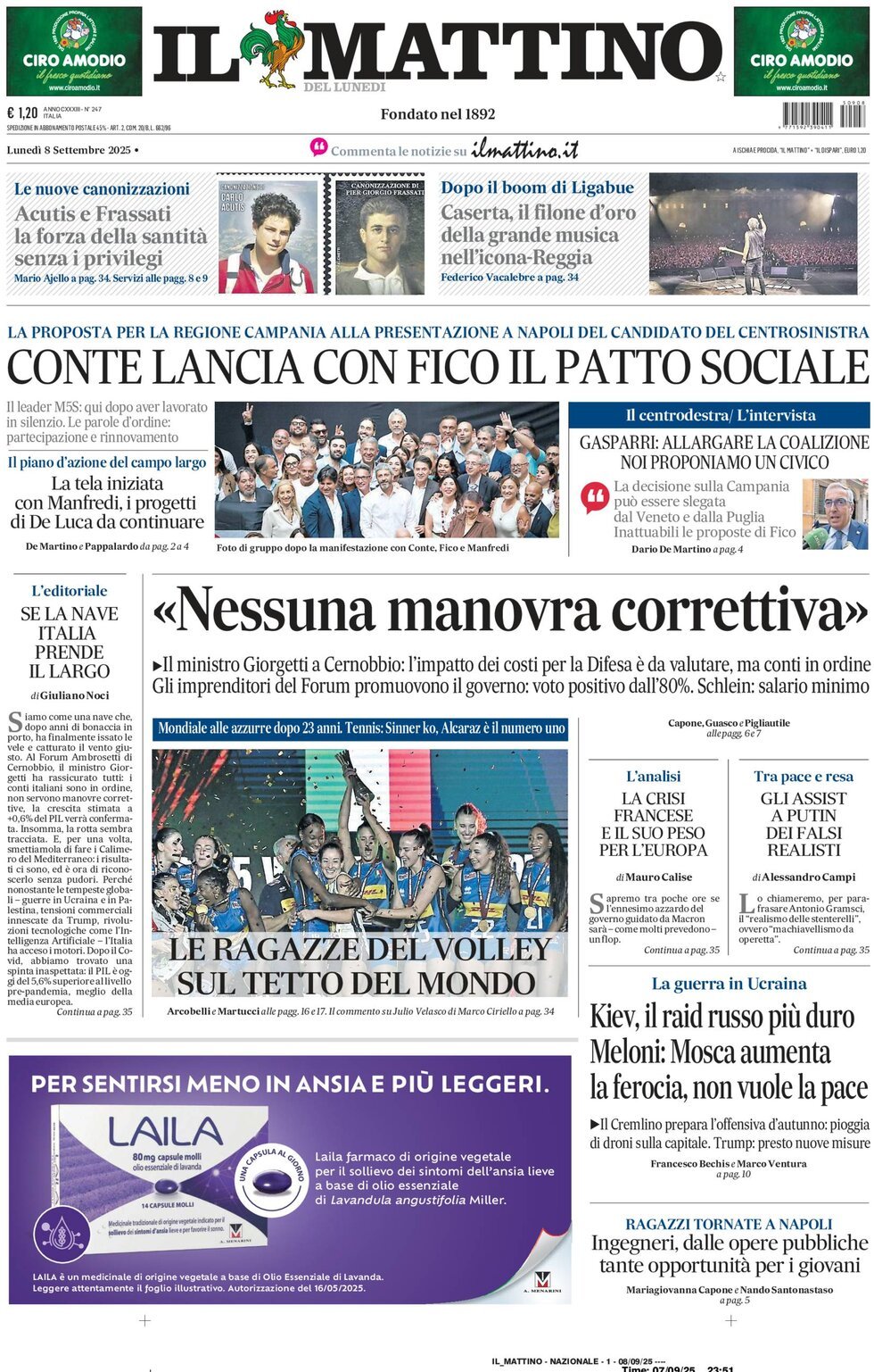 Il Mattino prima pagina di oggi 
            Edizione di Oggi, Lunedì 08 Settembre 2025