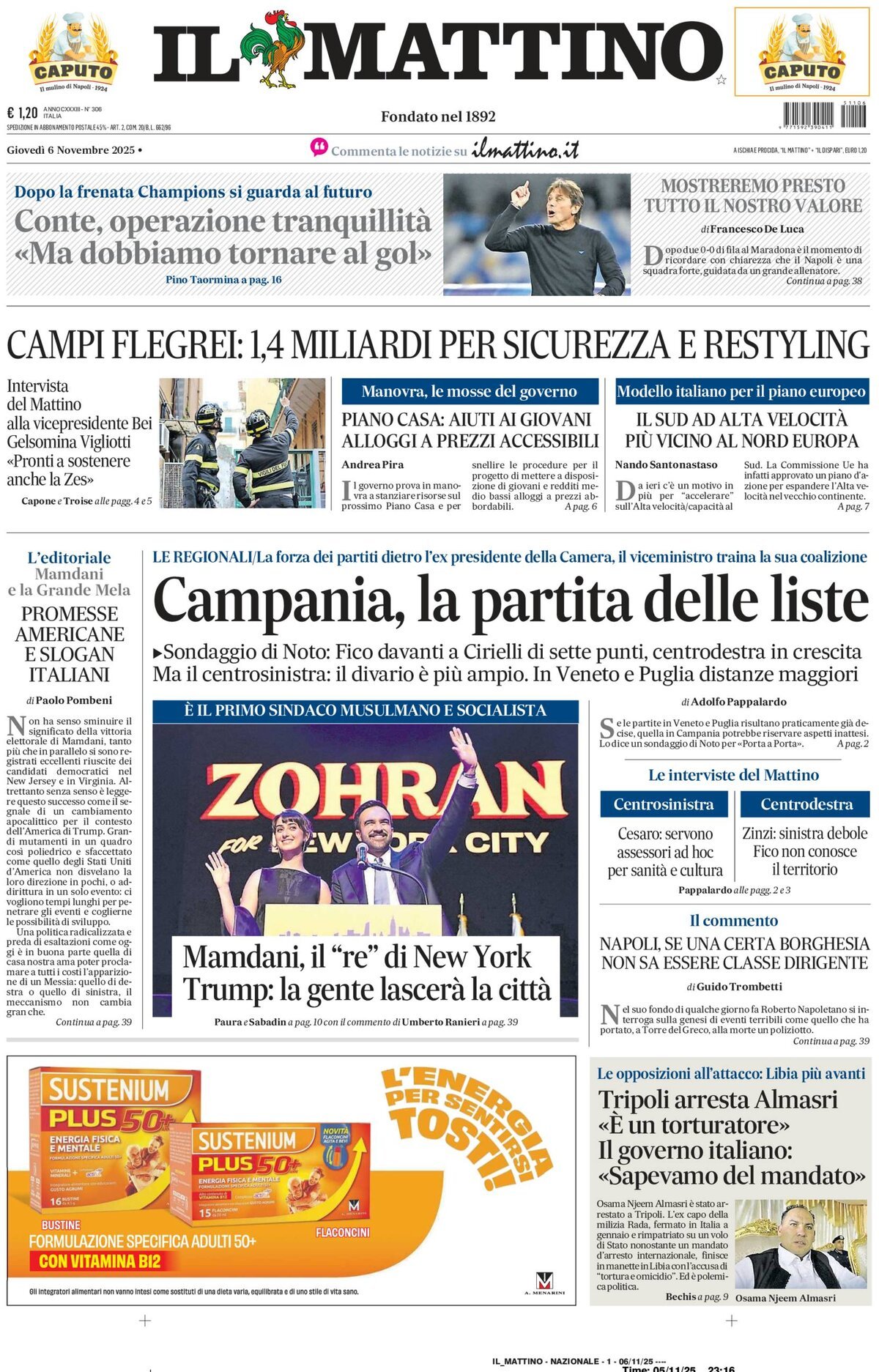 Il Mattino prima pagina di oggi 
            Edizione di Oggi, Giovedì 06 Novembre 2025