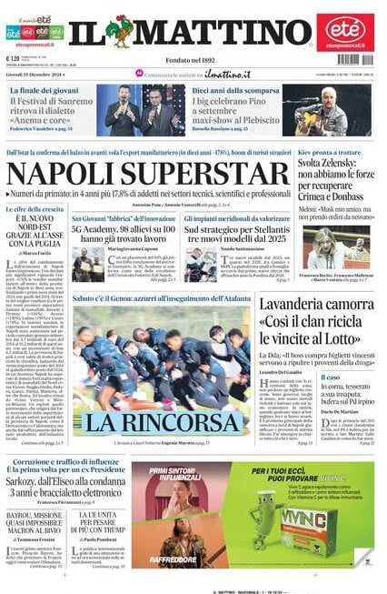 Il Mattino prima pagina di oggi 
            Edizione di Oggi, Giovedì 19 Dicembre 2024