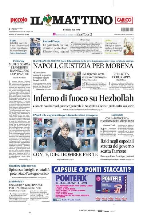 Il Mattino prima pagina di oggi 
            Edizione di Oggi, Sabato 28 Settembre 2024