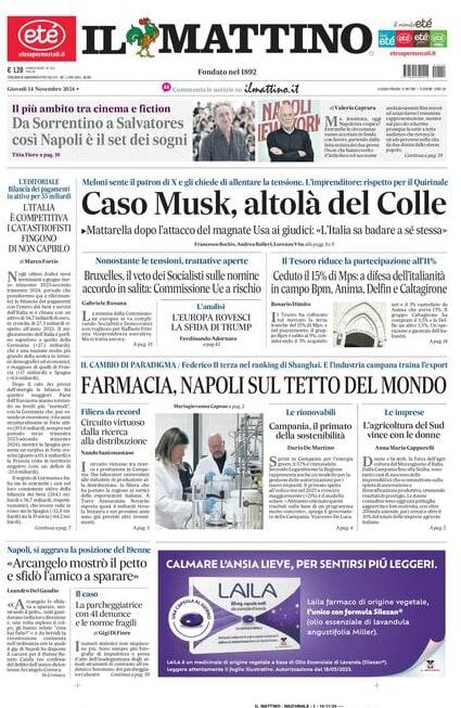 Il Mattino prima pagina di oggi 
            Edizione di Oggi, Giovedì 14 Novembre 2024