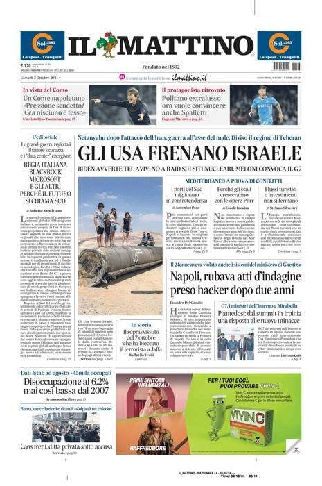 Il Mattino prima pagina di oggi 
            Edizione di Oggi, Giovedì 03 Ottobre 2024