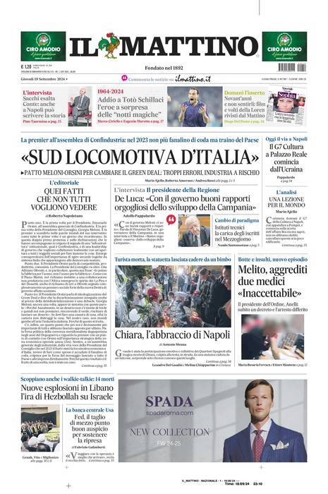 Il Mattino prima pagina di oggi 
            Edizione di Oggi, Giovedì 19 Settembre 2024