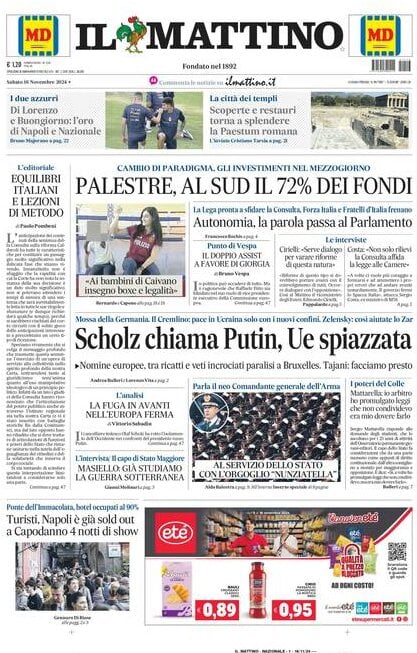 Il Mattino prima pagina di oggi 
            Edizione di Oggi, Sabato 16 Novembre 2024