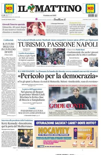 Il Mattino prima pagina di oggi 
            Edizione di Oggi, Lunedì 28 Ottobre 2024