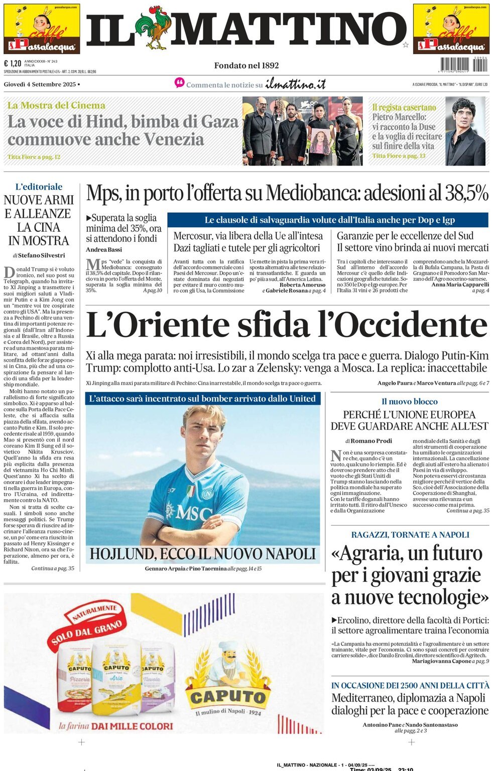 Il Mattino prima pagina di oggi 
            Edizione di Ieri, Mercoledì 03 Settembre 2025
