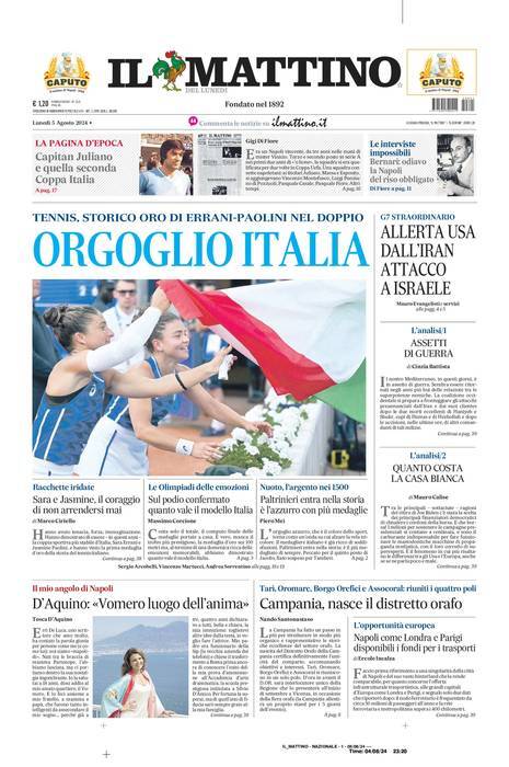 Il Mattino prima pagina di oggi 
            Edizione di Oggi, Lunedì 05 Agosto 2024